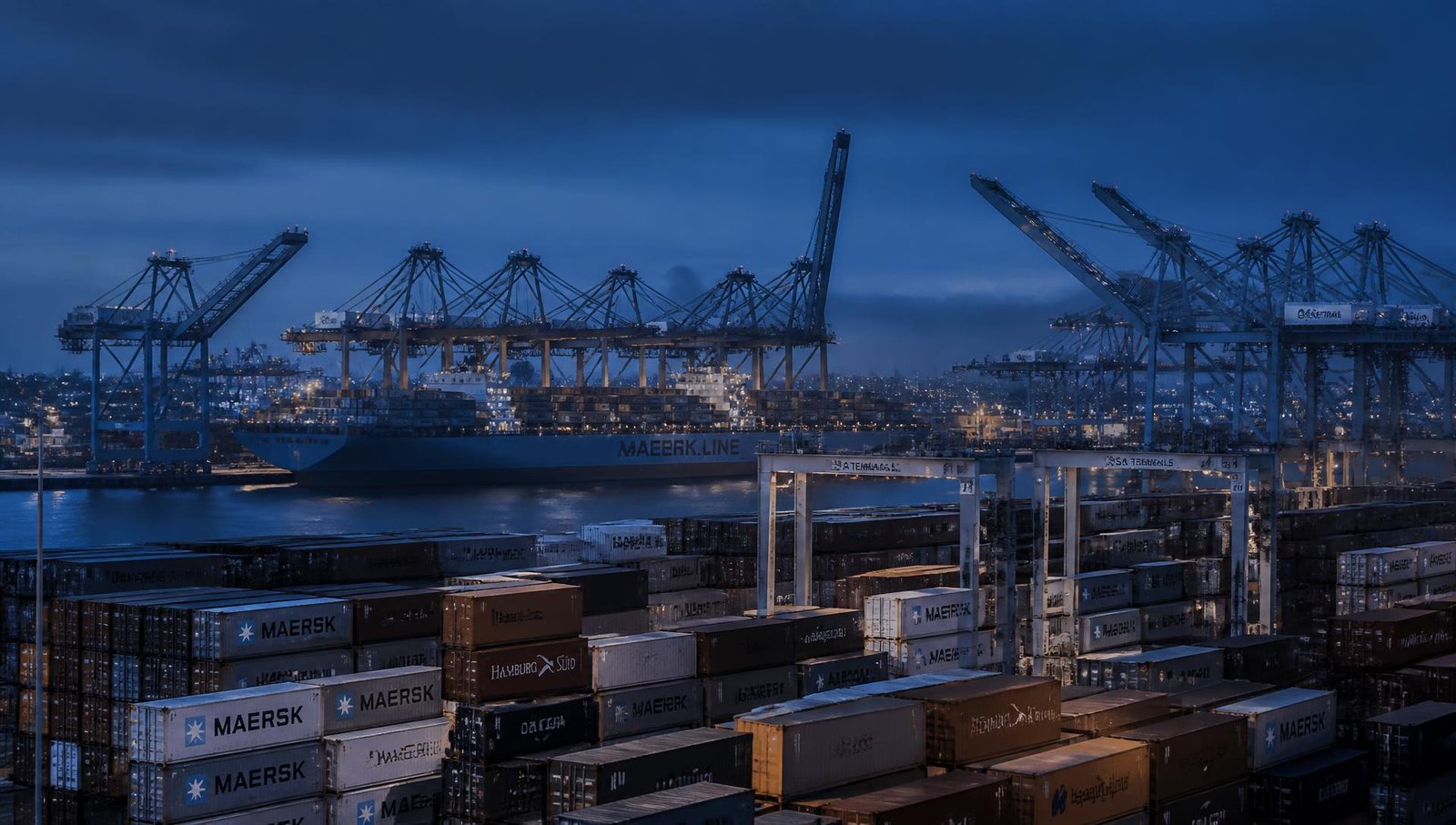 Stacked shipping containers in a supply yard